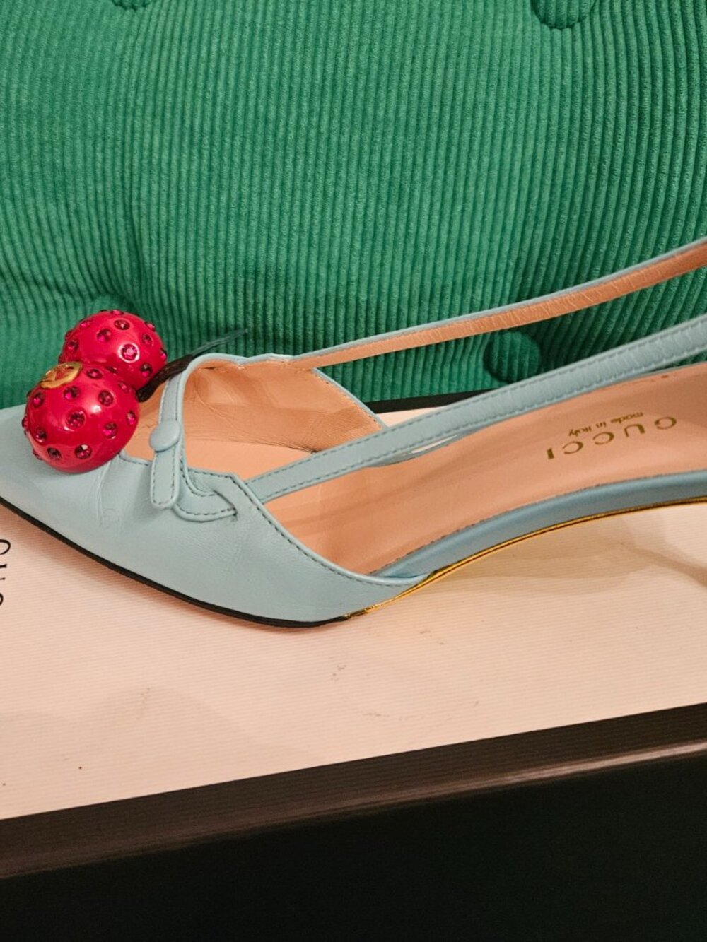 Authentic Gucci Cherry Bamboo Heel Pumps Light Blue Size 36.5 EU With Box - Picture 9 of 9